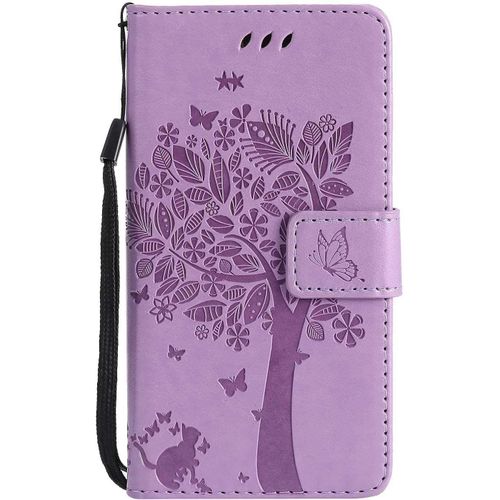 Coque Pour Samsung Galaxy A5 2015, Etui En Cuir Pu Portefeuille, Antichoc Flip Case Housse R¿¿Tro Emboss S¿¿Rie De Chat Et D'arbre Pour Samsung Galaxy A5 2015 - Lavande