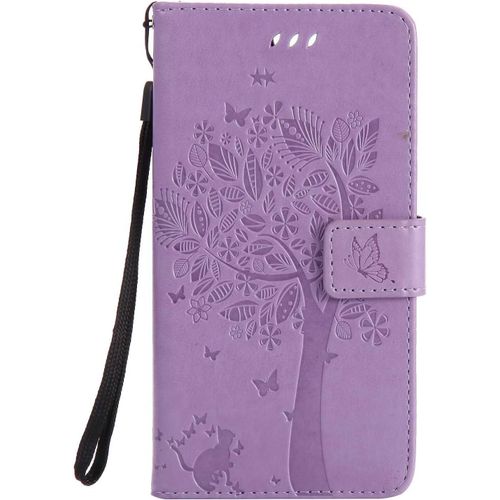 Coque Pour Huawei P10 Plus, Etui En Cuir Pu Portefeuille, Antichoc Flip Case Housse R¿¿Tro Emboss S¿¿Rie De Chat Et D'arbre Pour Huawei P10 Plus - Lavande