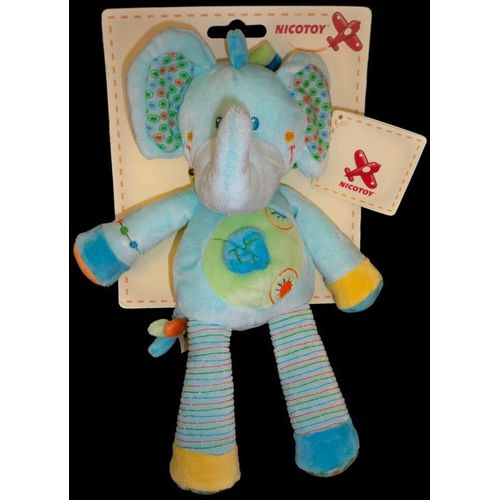 Doudou Peluche Éléphant Nicotoy Bleu Vert Foulard Vert Feuille Bleue Pattes Crissantes