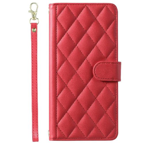 Étui De Téléphone Pour Iphone 15 Pro Max Treillis Magnétique Portefeuille Flip Folio Courroie De Main Porte-Cartes À Fentes - Rouge
