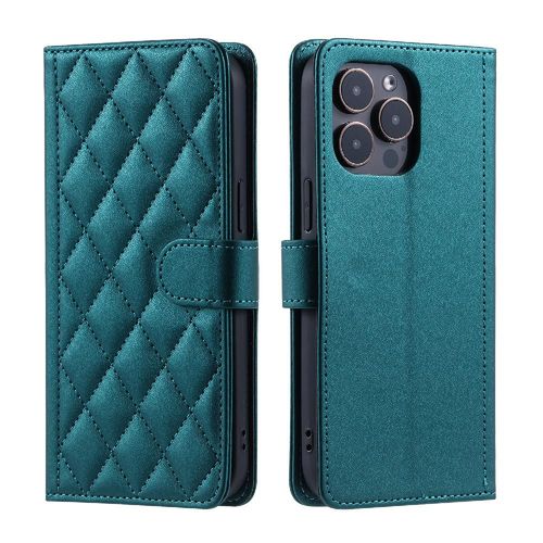 Étui De Téléphone Pour Iphone 15 Pro Max Treillis Magnétique Portefeuille Flip Folio Courroie De Main Porte-Cartes À Fentes - Vert Foncé