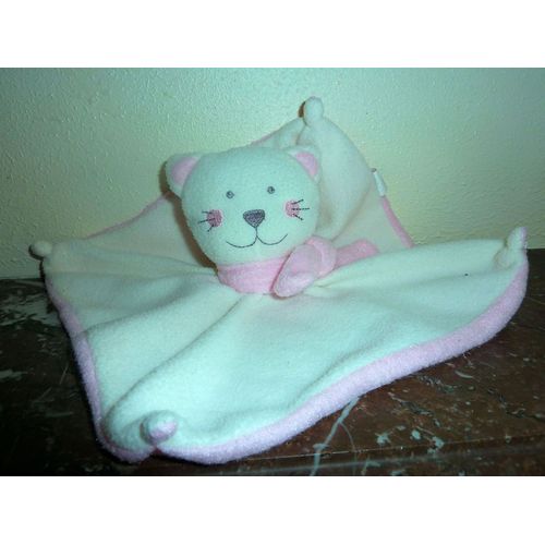 Doudou Plat Blanc Et Rose Chat