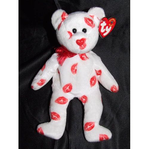 Ours Doudou Ty Beanie Baby Blanc Levres Rouge  Baisers Smooch Peluche 22 Cm