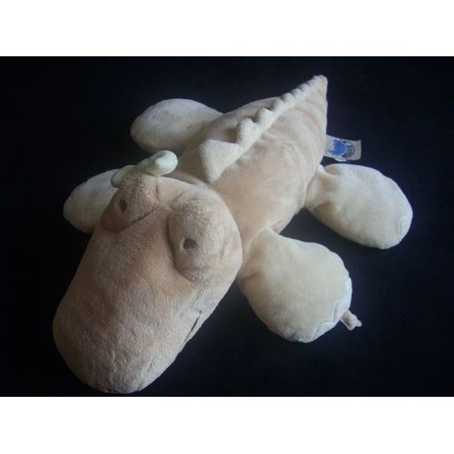 Doudou Crocodile Aligator Odile  Noukie's Noukies Peluche Beige Marron Noeud Vert 39 Cm