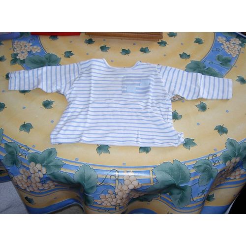 T-Shirt Manches Longues Rayé Bleu Clair Et Blanc Style Marin Motif Peche Au Thon Droles De Coquins Taille 1 Mois