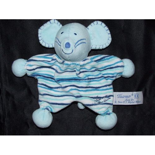 Souris Tiamo Ti Amo Doudou Carré Plat Peluche Bleu Rayé À Grelot