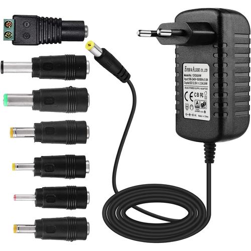 Adaptateur Secteur Portable Portable 12V 2A 24W,CA 100-240V ¿¿ 12V pour Barrette LED,R¿¿servoir de Poissons,Radio-r¿¿veil,Scanner,Interrupteur,Routeur,Haut-Parleur,T-COM+7 Prises Diff¿¿rentes