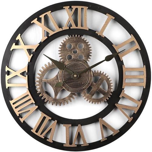 50cm Horloge Murale Geante Pendule Industriel en Bois Vintage 3D Silensieuse Horloge de la Maison pour Salon, Salle, Chambre, Bureau - d'or