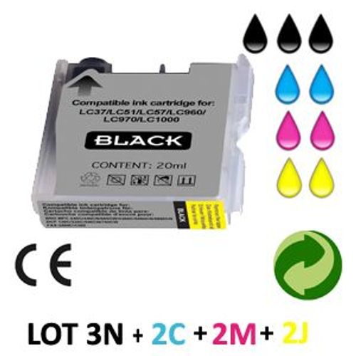 LOT 9 CARTOUCHES JET D ENCRE COMPATIBLE BROTHER LC970/LC1000 universal POUR BROTHER DCP 770CW : 3 BLACK + 2 CYAN + 2 MAGENTA + 2 YELLOW