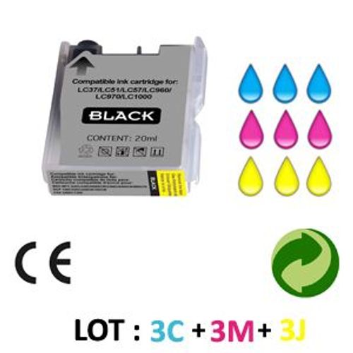 LOT 3 CARTOUCHES JET D ENCRE COMPATIBLE BROTHER LC970/LC1000 universal POUR BROTHER DCP 770CW : 3 JEUX DE 3 COULEURS