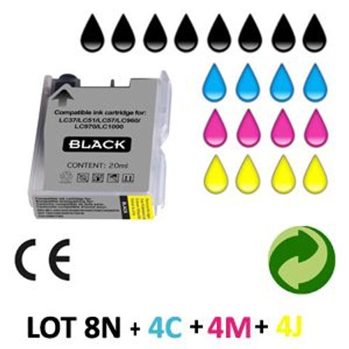 LOT 20 CARTOUCHES JET D ENCRE COMPATIBLE BROTHER LC970/LC1000 universal POUR BROTHER DCP 770CW : 8 BLACK + 4 CYAN + 4 MAGENTA + 4 YELLOW
