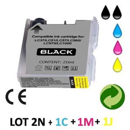 LOT 5 CARTOUCHES JET D ENCRE COMPATIBLE BROTHER LC970/LC1000 universal POUR BROTHER DCP 130C : 2 BLACK + 1 CYAN + 1 MAGENTA + 1 YELLOW
