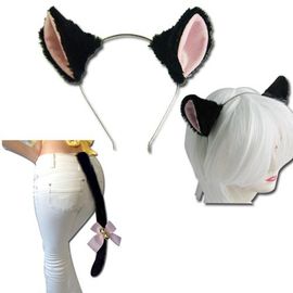 Oreille Chat En Serre Tête Blanc + Une Queue En Peluche 80 Cm Pour Cosplay Costume Déguisement Barrette