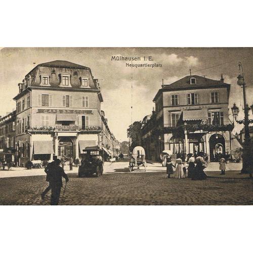 Mulhouse " Mülhausen" (Haut-Rhin) Café Bristol, Café Moll, Neuquartierplatz.L'église Protestante Saint-Étienne. Les Bains Municipaux. 3 Cartes Anciennes 1918/1935