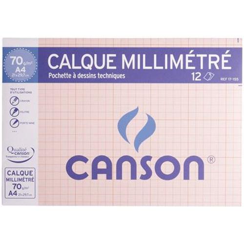 Canson Pochete 12 Feuilles Papier Calque Millimétré Bistre A4 70/75g