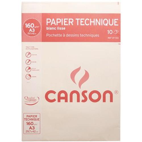 Canson 200037103 Pochette Papier À Dessin Technique 10 Feuilles 160g Lisse A3 Blanc