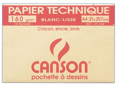 Pochette 12 feuilles papier lisse blanc lavis technique A4 160g Canson