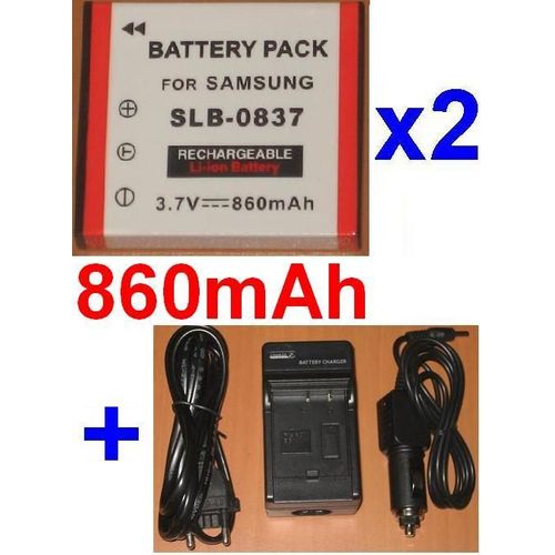 Chargeur + 2 Batteries 860mAh Pour Samsung SLB-0837 SLB0837 SL-B0837 Digimax i6 PMP L50 L60 L70 L80, i70, i70S, L700, L700S, L73, NV3, NV5, NV7, NV20, NV15, NV10, NV8, L83T