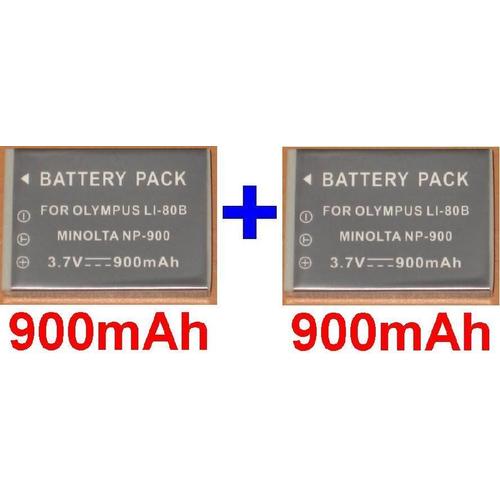 2 Batteries 900mAh Pour Olympus Li-80B Li80B T100 T-100 X960 X-960, Konica Minolta NP-900 NP900 DiMAGE E40 E50, BENQ DC E43 E53 E63 C500, Rollei Prego DP5200 DP4200