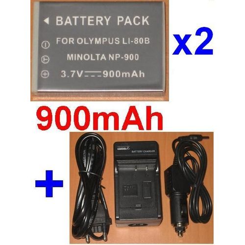 Chargeur + 2 Batteries 900mAh Pour Olympus Li-80B Li80B T100 T-100 X960 X-960, Konica Minolta NP-900 NP900 DiMAGE E40 E50, BENQ DC E43 E53 E63 C500, Rollei Prego DP5200 DP4200