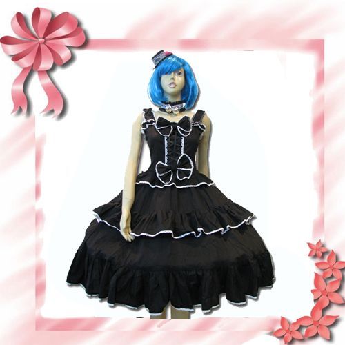 Robe Noir Lolita Japonais Noeud Papillon Devant Et Arrière Lacet Déguisement Costume Cosplay Collection Soirée