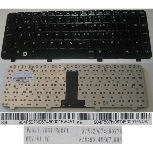 Clavier Qwerty Portugais / Portuguese Pour HP COMPAQ DV2000 DV2100 DV2300 DV2400 DV2500 DV2600 V3000 Series, Noir Brillant / Black Glossy, Model: V061130BK1, P/N: 90.4F507.N06