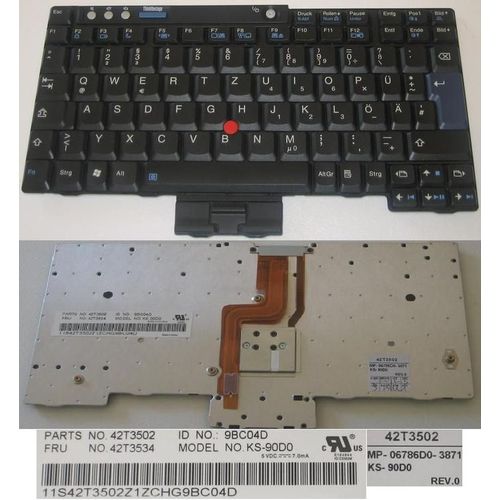 Clavier Qwertz Allemand / German Pour IBM LENOVO  Thinkpad X60 X60S X61 X61S Series, Noir / Black, Model: KS-90D0, MP-06786D0-3871, P/N: 42T3502, 42T3534, 9BC04D
