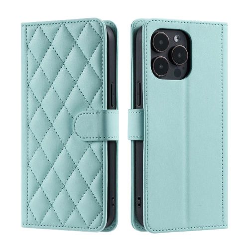 Étui De Téléphone Pour Iphone 15 Pro Max Portefeuille Flip Folio Magnétique Porte-Cartes À Fentes Treillis Courroie De Main - Vert