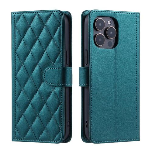 Étui De Téléphone Pour Iphone 15 Pro Max Portefeuille Flip Folio Magnétique Porte-Cartes À Fentes Treillis Courroie De Main - Vert Foncé