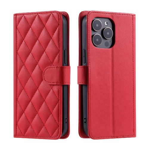 Étui De Téléphone Pour Iphone 15 Pro Max Magnétique Treillis Portefeuille Flip Folio Porte-Cartes À Fentes Courroie De Main - Rouge