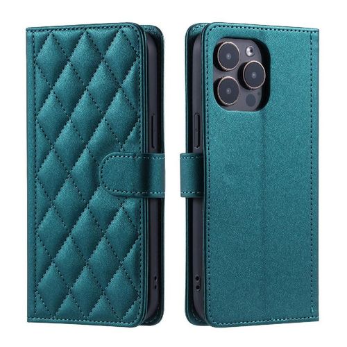 Étui De Téléphone Pour Iphone 15 Pro Max Magnétique Treillis Portefeuille Flip Folio Porte-Cartes À Fentes Courroie De Main - Vert Foncé