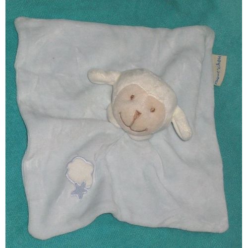 Agneau Mouton Doudou Plat Carré Bleu Ciel Et Blanc Nuage Étoile Bout' Chou