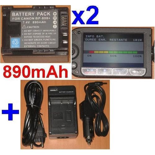 Chargeur + 2 Batteries 890mAh Pour Canon BP-808+ BP-808 BP808+ BP808 Vixia FS10, FS100 FS11