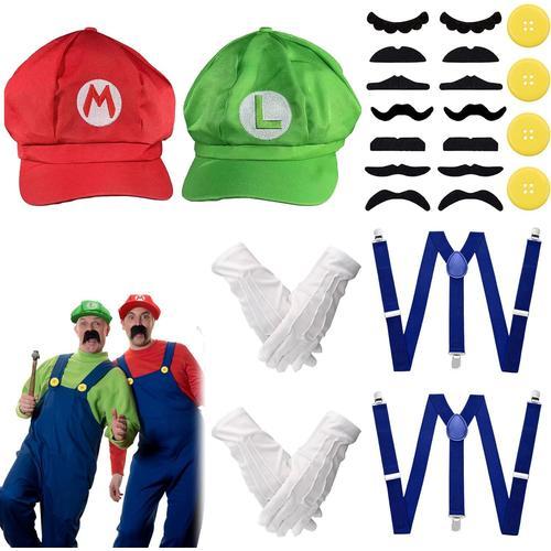 Super Deguisement Mario Chapeau Luigi Casquette Deguisement Halloween Mario Bretelles 4 Gants 14 Mustaches 4 Boutons Cosplay Costume Carnaval Enfant Homme Femme