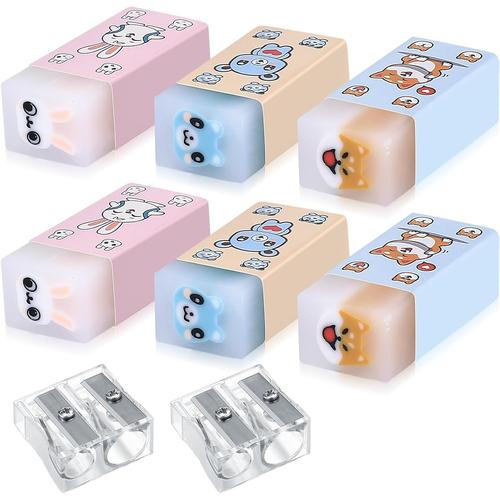 Lot De 6 Gommes Rectangulaires Pour Enfants, Gommes ¿¿ Effacer Pour Enfants, ¿¿Tudiants, Fournitures De Bureau, Papeterie, Avec 100 Trombones, 2 Taille-Crayons ¿C Animal De Compagnie