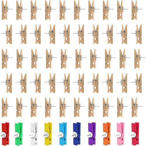 60pcs punaises avec Clips en Bois, 50pcs Clips de Couleur Bois, 10pcs Clips de Couleur avec punaises pour Mur d'affichage, Clous et Photos de Pince, adapt¿¿s au Bureau, ¿¿ l'¿¿cole, ¿¿ la Maison