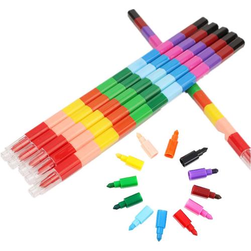 Crayons De Cire Empilable Crayons De Couleur Et Feutres, Crayons De Couleur Empilables Pour Enfants Peut ¿¿Tre Assembl¿¿,Id¿¿Al En Pochette-Surprise En Classe, Cadeau D'anniversaire Dessin, 12 Batons