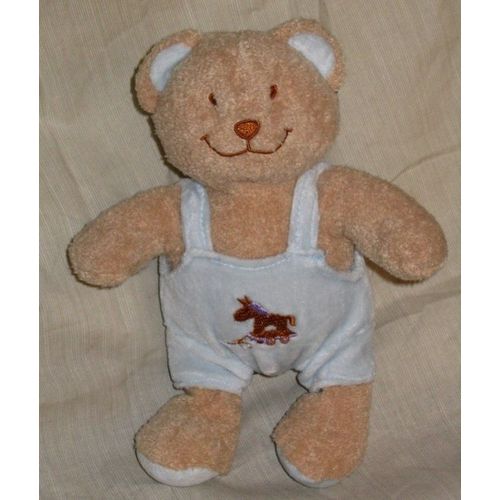 Ours Doudou Marron Salopette Bleu Cheval Brodé Influx 20 Cm