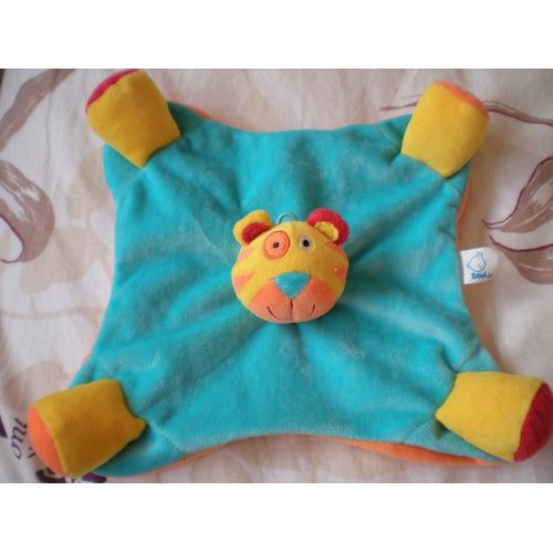 Doudou Bawi - Chat Tigre Plat - Pattes Hochet - Bleu Jaune Orange Rouge