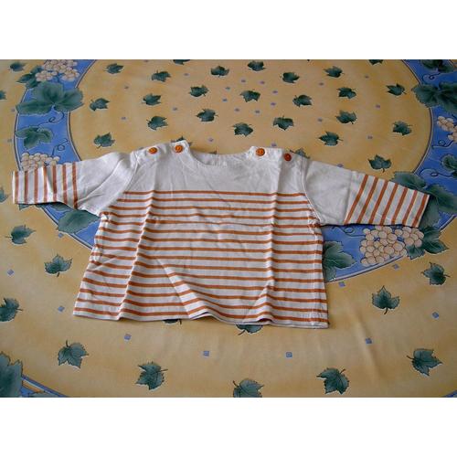 T-Shirt Manche Longue Style Marin Rayé Orange Et Blanc Baby Club Taille 6 Mois