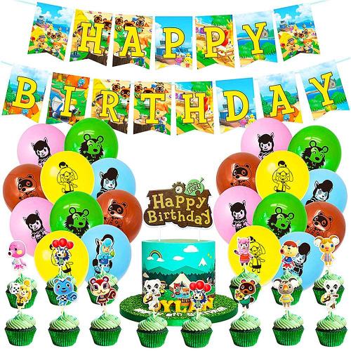 Kit Anniversaire Animal Crossing,D¿¿coration Anniversaire Animal Forest ,Animal New Horizons Th¿¿me Fournitures d'anniversaire Animaux de la For¿¿t Banni¿¿res Gateau Topper Ballons-46pcs