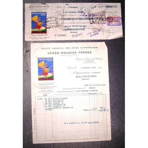Facture Et Mandat À L'ordre De 1928 Société Anonyme Des Pâtes Alimentaires Cérès Meunier Frères Paris
