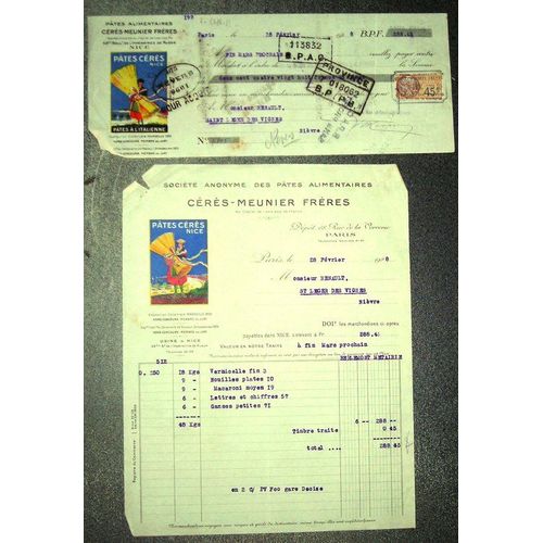 Facture Et Mandat À L'ordre De 1928 Société Anonyme Des Pâtes Alimentaires Cérès Meunier Frères Paris