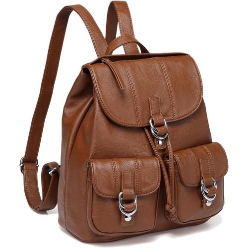 Sac a Dos Femme, Cordon Cartable Fille en PU Cuir avec Plein de Poches Mignonne Sacs Port¿¿s Dos Femme Sac Dos College Fille pour l'Universit¿¿ Aller en Cours avec Boucle Lumi¿¿re Marron