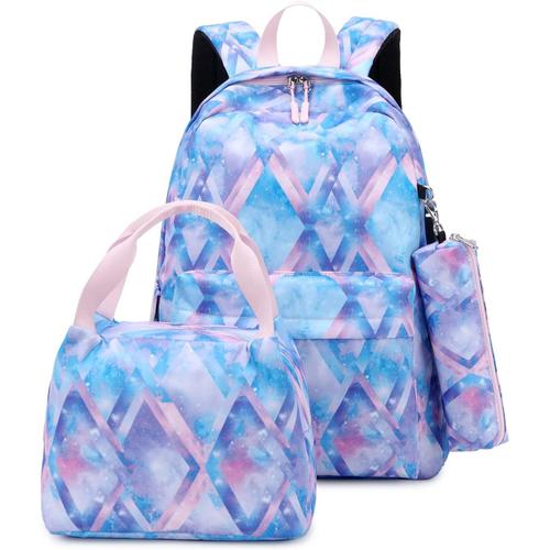 Sac ¿¿ Dos Fille pour Adolescent, 3 Pi¿¿ces Cartable Fille College avec Trousse et Sac Isotherme, 24 litres Sac a Dos Scolaire avec Port de Charge USB, Ligne Bleue