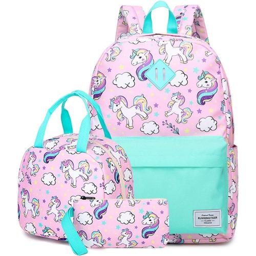 Sac ¿¿ Dos Pour Filles, 3 En 1 Sac D'¿¿Cole Licorne Avec Sac Repas Isotherme Trousse ¿¿ Crayons Sets De Sacs Scolaires Pour Enfants Adolescents(Rose Vert)