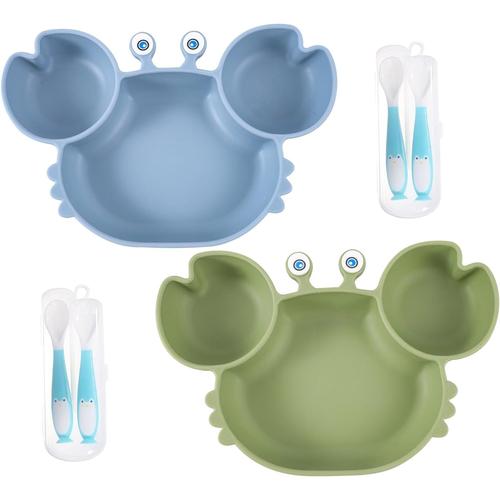 2 Pcs Assiette Ventouse Pour B¿¿B¿¿, Assiette B¿¿B¿¿ Silicone Ventouse, Assiette Compartiment Bebe Avec 2 Fourchettes 2 Cuill¿¿Re Passe Au Lave-Vaisselle (Bleu, Vert) - Crabe