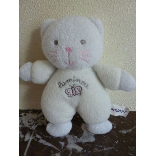 Luminou Peluche Doudou Ours Chat Blanc Hochet 18 Cm Papillon Brodé Jemini