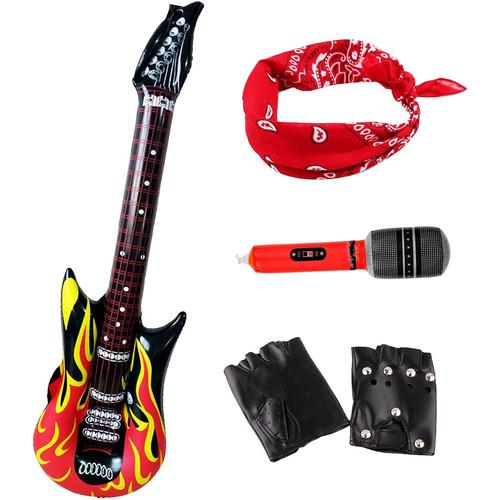 Kit de f¿¿te 4 pi¿¿ces punk rocker gants punk rocker grande guitare gonflable, microphone gonflable, ¿¿charpe bandeau pour disco, accessoires de d¿¿guisement rocker