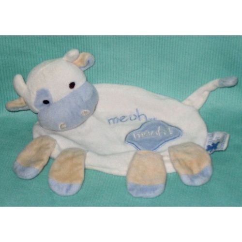 Vache Doudou Plat Bleu Marron  Et Blanc Brodé Meuh Meuh Éveil Et Tendresse Cmp